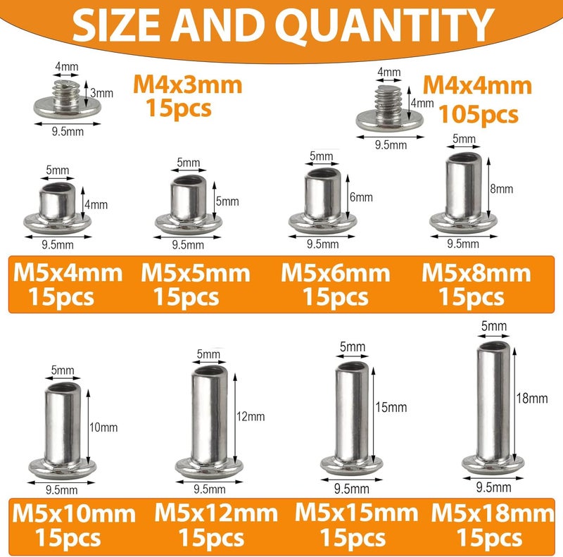 Hincell 120sets Chicago Screws Kit, 8 Sizes Screw Rivets Silver Chicago Binding Screws for DIY Repair Leather Craft Belt Bag Shoes Purse Bookbinding (M5*4,5,6,8,10,12,15,18) (Silver) - Image 2